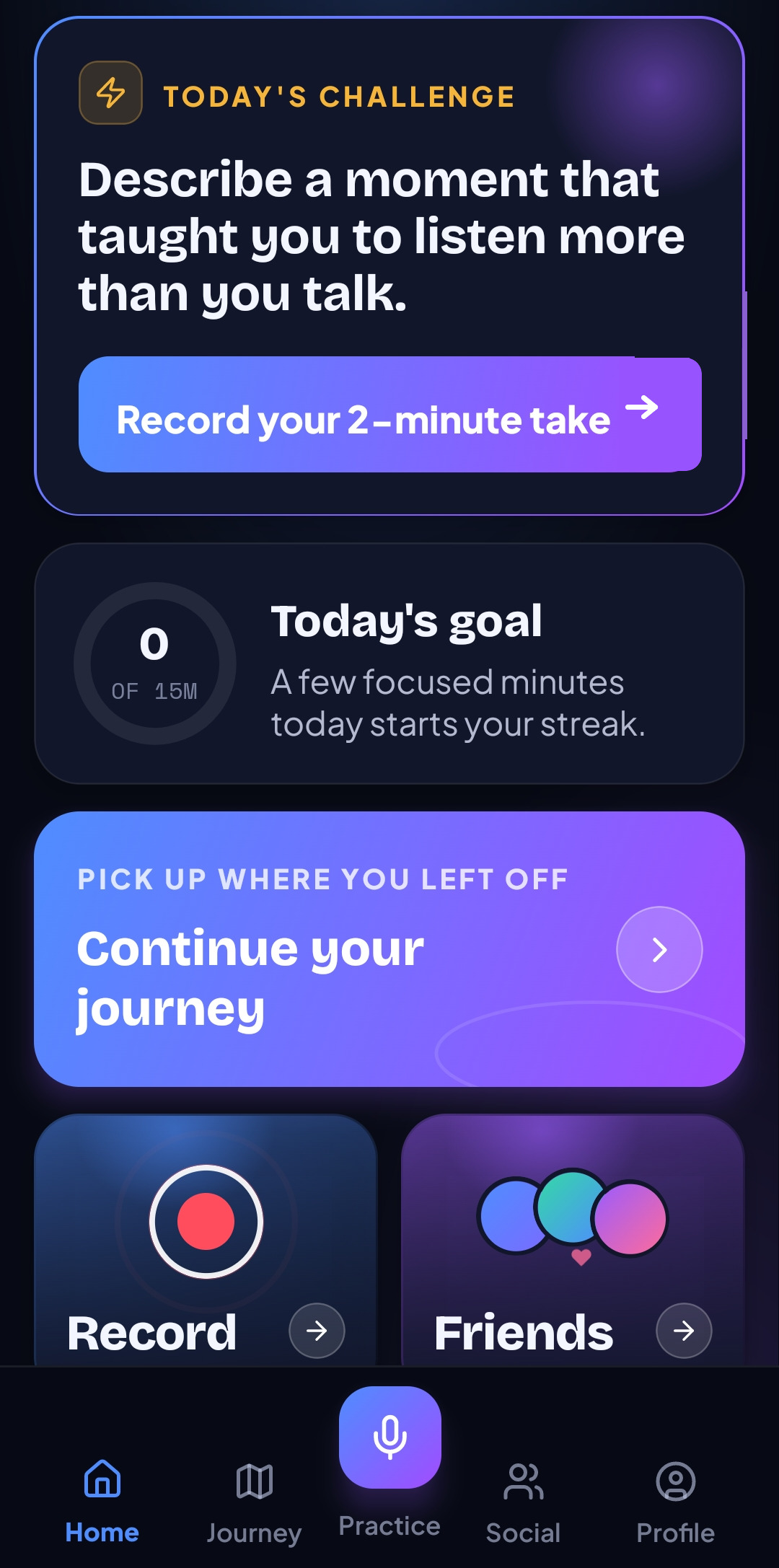 VIP Speech home screen with today's speaking challenge and your learning journey