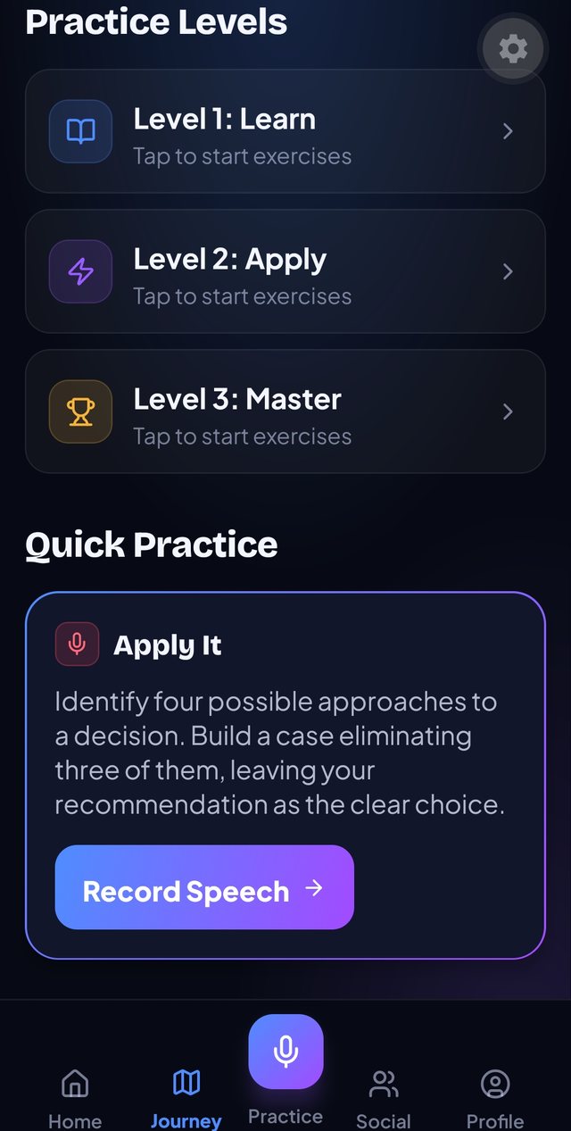A technique's three practice levels — Learn, Apply, Master — plus a quick-practice speaking prompt