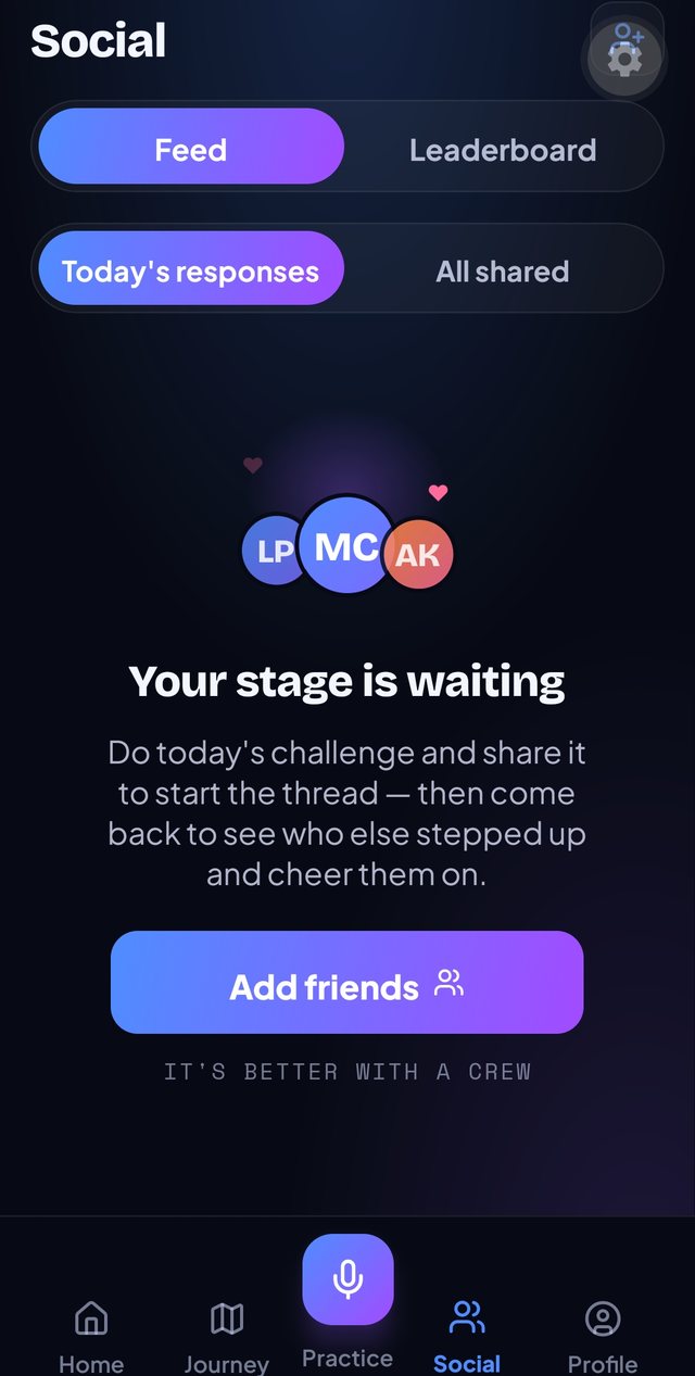 The Social screen, where friends share daily-challenge responses and cheer each other on