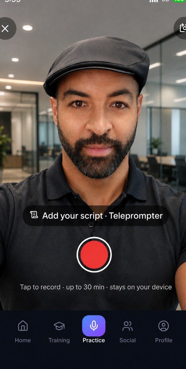 The teleprompter practice studio recording a speech with your script on screen