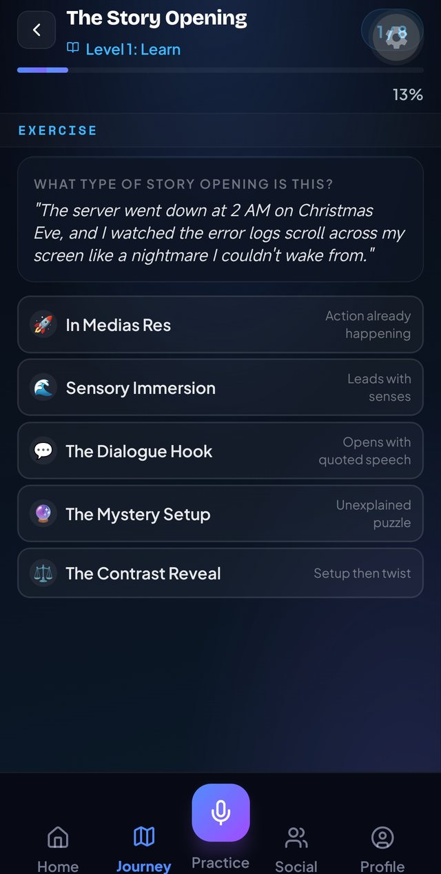 An exercise classifying which type of story opening a speech uses